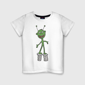 Детская футболка хлопок с принтом Инопланетянин на пружине в Белгороде, 100% хлопок | круглый вырез горловины, полуприлегающий силуэт, длина до линии бедер | гуманоид | инопланетянин | космос | летающая тарелка | нло | пришелец | пришельцы | смешной пришелец | ходули