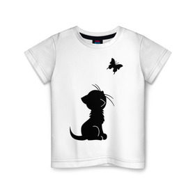 Детская футболка хлопок с принтом Котенок и бабочка в Белгороде, 100% хлопок | круглый вырез горловины, полуприлегающий силуэт, длина до линии бедер | бабочка