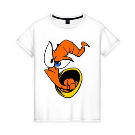 Женская футболка хлопок с принтом Червяк Джим (Earthworm jimm) в Белгороде, 100% хлопок | прямой крой, круглый вырез горловины, длина до линии бедер, слегка спущенное плечо | червяк джим. главный герой мультика 