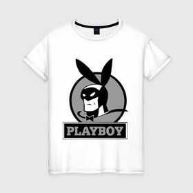 Женская футболка хлопок с принтом Playboy (Человек-кролик) в Белгороде, 100% хлопок | прямой крой, круглый вырез горловины, длина до линии бедер, слегка спущенное плечо | Тематика изображения на принте: кролик | плейбой | плэйбой | символа playboy человек кролик. rabbitman.playboy