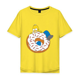 Мужская футболка хлопок Oversize с принтом Гомер ест пончик в Белгороде, 100% хлопок | свободный крой, круглый ворот, “спинка” длиннее передней части | гомер
