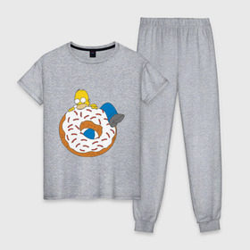 Женская пижама хлопок с принтом Гомер ест пончик в Белгороде, 100% хлопок | брюки и футболка прямого кроя, без карманов, на брюках мягкая резинка на поясе и по низу штанин | гомер