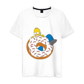 Мужская футболка хлопок с принтом Гомер ест пончик в Белгороде, 100% хлопок | прямой крой, круглый вырез горловины, длина до линии бедер, слегка спущенное плечо. | гомер