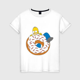 Женская футболка хлопок с принтом Гомер ест пончик в Белгороде, 100% хлопок | прямой крой, круглый вырез горловины, длина до линии бедер, слегка спущенное плечо | гомер