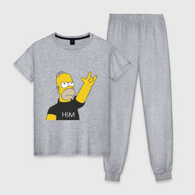Женская пижама хлопок с принтом Гомер rock фанат в Белгороде, 100% хлопок | брюки и футболка прямого кроя, без карманов, на брюках мягкая резинка на поясе и по низу штанин | Тематика изображения на принте: him | гомер