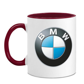 Кружка двухцветная с принтом BMW в Белгороде, керамика | объем — 330 мл, диаметр — 80 мм. Цветная ручка и кайма сверху, в некоторых цветах — вся внутренняя часть | bmw | авто | авто2012 | автомобиль | бмв | бренд | логотип | машина