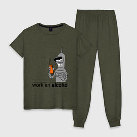Женская пижама хлопок с принтом Work on alcohol в Белгороде, 100% хлопок | брюки и футболка прямого кроя, без карманов, на брюках мягкая резинка на поясе и по низу штанин | бендер | футурама