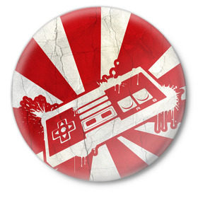 Значок с принтом Японский флаг с джойстиком в Белгороде,  металл | круглая форма, металлическая застежка в виде булавки | Тематика изображения на принте: japan | joystick | джойстик | страна восходящего солнца | флаг | япония | японский флаг