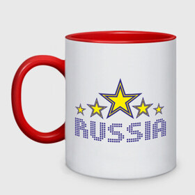 Кружка двухцветная с принтом Russia и 5 звезд в Белгороде, керамика | объем — 330 мл, диаметр — 80 мм. Цветная ручка и кайма сверху, в некоторых цветах — вся внутренняя часть | 