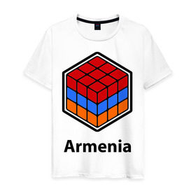 Мужская футболка хлопок с принтом Кубик – Армения в Белгороде, 100% хлопок | прямой крой, круглый вырез горловины, длина до линии бедер, слегка спущенное плечо. | армения | армяне | армянин | ереван | кубик | кубик рубик | флаг | флаг армении в магическом кубике.armenia