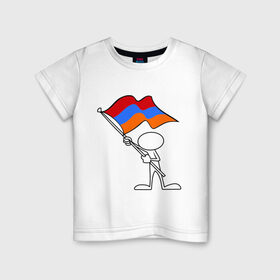 Детская футболка хлопок с принтом Армения (человек с флагом) в Белгороде, 100% хлопок | круглый вырез горловины, полуприлегающий силуэт, длина до линии бедер | Тематика изображения на принте: armenia | армении | армения | армяне | армянин | армянка | ереван | флаг
