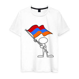 Мужская футболка хлопок с принтом Армения (человек с флагом) в Белгороде, 100% хлопок | прямой крой, круглый вырез горловины, длина до линии бедер, слегка спущенное плечо. | armenia | армении | армения | армяне | армянин | армянка | ереван | флаг