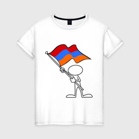 Женская футболка хлопок с принтом Армения (человек с флагом) в Белгороде, 100% хлопок | прямой крой, круглый вырез горловины, длина до линии бедер, слегка спущенное плечо | armenia | армении | армения | армяне | армянин | армянка | ереван | флаг
