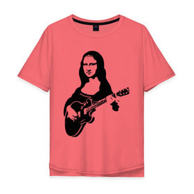 Мужская футболка хлопок Oversize с принтом Мона лиза с гитарой в Белгороде, 100% хлопок | свободный крой, круглый ворот, “спинка” длиннее передней части | гитара
