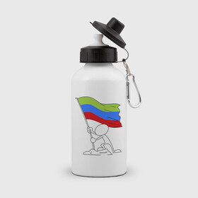 Бутылка спортивная с принтом Дагестан (человек с флагом) в Белгороде, металл | емкость — 500 мл, в комплекте две пластиковые крышки и карабин для крепления | Тематика изображения на принте: 05 регион | даг | дагестан | даги | кавказ | кавказский | кавказцы | флаг