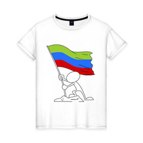 Женская футболка хлопок с принтом Дагестан (человек с флагом) в Белгороде, 100% хлопок | прямой крой, круглый вырез горловины, длина до линии бедер, слегка спущенное плечо | 05 регион | даг | дагестан | даги | кавказ | кавказский | кавказцы | флаг