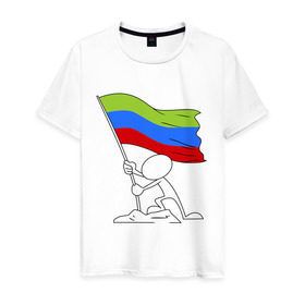 Мужская футболка хлопок с принтом Дагестан (человек с флагом) в Белгороде, 100% хлопок | прямой крой, круглый вырез горловины, длина до линии бедер, слегка спущенное плечо. | Тематика изображения на принте: 05 регион | даг | дагестан | даги | кавказ | кавказский | кавказцы | флаг