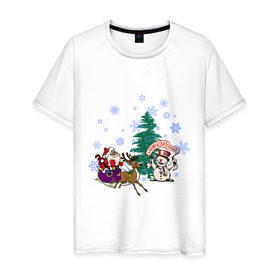 Мужская футболка хлопок с принтом NewYear в Белгороде, 100% хлопок | прямой крой, круглый вырез горловины, длина до линии бедер, слегка спущенное плечо. | 2012 | new year | год дракона | дед мороз | елка | нг | новогодний | новый 2012 | новый год | олень | сани | санта | санта клаус | снеговик