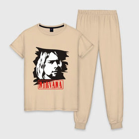 Женская пижама хлопок с принтом Nirvana (Курт Кобейн) в Белгороде, 100% хлопок | брюки и футболка прямого кроя, без карманов, на брюках мягкая резинка на поясе и по низу штанин | heavy metal | kurt cobain | nirvana | rock | trash metal | квартет | курт кобейн | легендарный рок музыкант | нирвана | рок | рок группа | рок группы | трэш метал | хеви метал