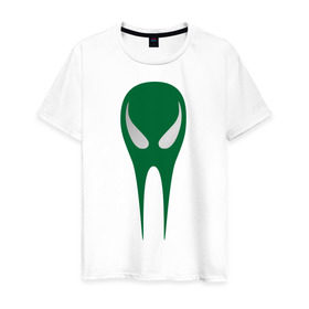 Мужская футболка хлопок с принтом Зеленый череп в Белгороде, 100% хлопок | прямой крой, круглый вырез горловины, длина до линии бедер, слегка спущенное плечо. | Тематика изображения на принте: гуманоид | зеленый череп | инопланетянин | нло | пришелец | череп