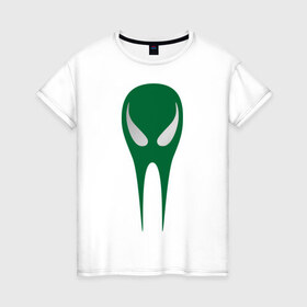 Женская футболка хлопок с принтом Зеленый череп в Белгороде, 100% хлопок | прямой крой, круглый вырез горловины, длина до линии бедер, слегка спущенное плечо | гуманоид | зеленый череп | инопланетянин | нло | пришелец | череп