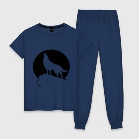 Женская пижама хлопок с принтом Волк на фоне Луны в Белгороде, 100% хлопок | брюки и футболка прямого кроя, без карманов, на брюках мягкая резинка на поясе и по низу штанин | волк | животные | луна | утес | хищник
