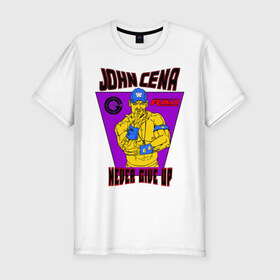 Мужская футболка премиум с принтом Джон Сина. NEVER GIVE UP в Белгороде, 92% хлопок, 8% лайкра | приталенный силуэт, круглый вырез ворота, длина до линии бедра, короткий рукав | джон сина