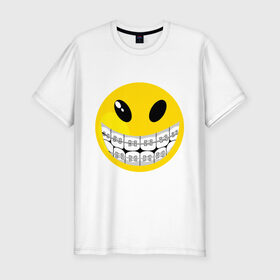 Мужская футболка премиум с принтом Смайл с брекетами в Белгороде, 92% хлопок, 8% лайкра | приталенный силуэт, круглый вырез ворота, длина до линии бедра, короткий рукав | Тематика изображения на принте: smile | брекеты | зубы | смайл | смайлик | улыбка