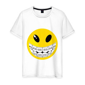 Мужская футболка хлопок с принтом Смайл с брекетами в Белгороде, 100% хлопок | прямой крой, круглый вырез горловины, длина до линии бедер, слегка спущенное плечо. | Тематика изображения на принте: smile | брекеты | зубы | смайл | смайлик | улыбка
