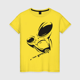 Женская футболка хлопок с принтом Alien I see you в Белгороде, 100% хлопок | прямой крой, круглый вырез горловины, длина до линии бедер, слегка спущенное плечо | Тематика изображения на принте: alien | i see you | гуманоиды | инопланетянин | летающая тарелка | нло | пришельцы | я тебя вижу