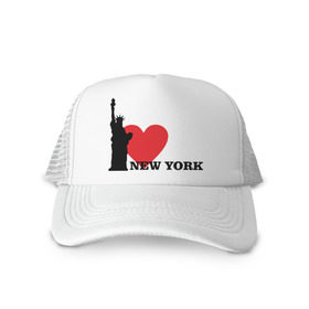 Кепка тракер с сеткой с принтом I love New York (NY Freedom) в Белгороде, трикотажное полотно; задняя часть — сетка | длинный козырек, универсальный размер, пластиковая застежка | america | cша | i love ny | new york | usa | америка | нью йорк | статуя свободы