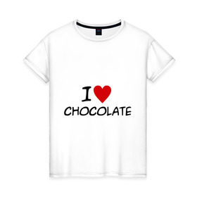 Женская футболка хлопок с принтом Chocolate в Белгороде, 100% хлопок | прямой крой, круглый вырез горловины, длина до линии бедер, слегка спущенное плечо | chocolate | i love | вкуснятина | конфеты | люблю шоколад | сладкое | сладкоежка | сладости | шоколад | шоколадный