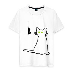 Мужская футболка хлопок с принтом Кот и мышка в Белгороде, 100% хлопок | прямой крой, круглый вырез горловины, длина до линии бедер, слегка спущенное плечо. | киса | кот | котенок | котик | котэ | кошак | кошка | мышка | мышонок | мышь