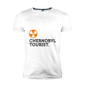 Мужская футболка премиум с принтом Chernobyl tourist в Белгороде, 92% хлопок, 8% лайкра | приталенный силуэт, круглый вырез ворота, длина до линии бедра, короткий рукав | chernobyl tourist | аэс | радиация | турист | чернобыль