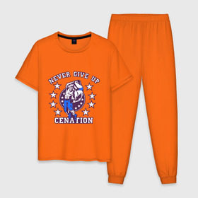 Мужская пижама хлопок с принтом WWE John Cena Never Give Up в Белгороде, 100% хлопок | брюки и футболка прямого кроя, без карманов, на брюках мягкая резинка на поясе и по низу штанин
 | Тематика изображения на принте: wwe | бои без правил | джон сина