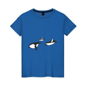 Женская футболка хлопок с принтом Пингвины улетают в Белгороде, 100% хлопок | прямой крой, круглый вырез горловины, длина до линии бедер, слегка спущенное плечо | арктика | животные | пингвины полетели.пингвины | птицы