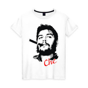 Женская футболка хлопок с принтом Че Гевара с сигарой в Белгороде, 100% хлопок | прямой крой, круглый вырез горловины, длина до линии бедер, слегка спущенное плечо | Тематика изображения на принте: che | guevara | гевара | куба | личность | революция | че