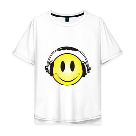 Мужская футболка хлопок Oversize с принтом Смайл в наушниках (2) в Белгороде, 100% хлопок | свободный крой, круглый ворот, “спинка” длиннее передней части | Тематика изображения на принте: smile | смайл | смайлик | улыбка | шаушники