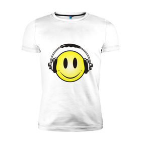 Мужская футболка премиум с принтом Смайл в наушниках (2) в Белгороде, 92% хлопок, 8% лайкра | приталенный силуэт, круглый вырез ворота, длина до линии бедра, короткий рукав | smile | смайл | смайлик | улыбка | шаушники