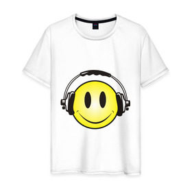 Мужская футболка хлопок с принтом Смайл в наушниках (2) в Белгороде, 100% хлопок | прямой крой, круглый вырез горловины, длина до линии бедер, слегка спущенное плечо. | smile | смайл | смайлик | улыбка | шаушники