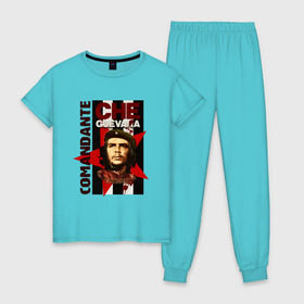 Женская пижама хлопок с принтом Che Guevara (4) в Белгороде, 100% хлопок | брюки и футболка прямого кроя, без карманов, на брюках мягкая резинка на поясе и по низу штанин | че гевара