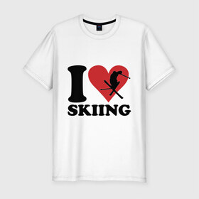 Мужская футболка премиум с принтом I love skiing - Я люблю кататься на лыжах в Белгороде, 92% хлопок, 8% лайкра | приталенный силуэт, круглый вырез ворота, длина до линии бедра, короткий рукав | Тематика изображения на принте: i love | love skiing | зима | зимние виды спорта | каткться | лыжи | лыжник | люблю лыжи