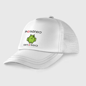 Детская кепка тракер с принтом Paranoid android в Белгороде, Козырек - 100% хлопок. Кепка - 100% полиэстер, Задняя часть - сетка | универсальный размер, пластиковая застёжка | android | paranoid android | админу | андроид | андройд | параниок андроид