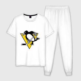 Мужская пижама хлопок с принтом Pittsburgh Penguins в Белгороде, 100% хлопок | брюки и футболка прямого кроя, без карманов, на брюках мягкая резинка на поясе и по низу штанин
 | пингвин