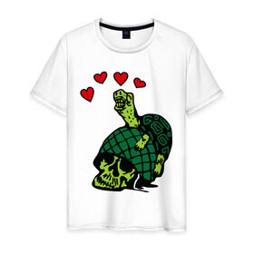 Мужская футболка хлопок с принтом Turtle `s Love в Белгороде, 100% хлопок | прямой крой, круглый вырез горловины, длина до линии бедер, слегка спущенное плечо. | Тематика изображения на принте: turtles love | каска | любовь | черепаха | черепашка | черепашки