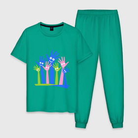 Мужская пижама хлопок с принтом Hands Up в Белгороде, 100% хлопок | брюки и футболка прямого кроя, без карманов, на брюках мягкая резинка на поясе и по низу штанин
 | glow | hands | up | вверх | руки | светяться | светящиеся | стетиться