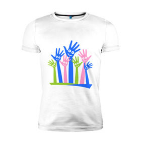 Мужская футболка премиум с принтом Hands Up в Белгороде, 92% хлопок, 8% лайкра | приталенный силуэт, круглый вырез ворота, длина до линии бедра, короткий рукав | glow | hands | up | вверх | руки | светяться | светящиеся | стетиться