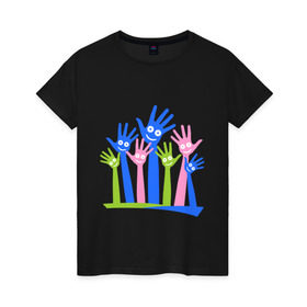 Женская футболка хлопок с принтом Hands Up в Белгороде, 100% хлопок | прямой крой, круглый вырез горловины, длина до линии бедер, слегка спущенное плечо | glow | hands | up | вверх | руки | светяться | светящиеся | стетиться