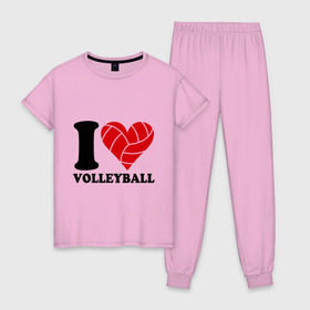 Женская пижама хлопок с принтом I love volleyball - Я люблю волейбол в Белгороде, 100% хлопок | брюки и футболка прямого кроя, без карманов, на брюках мягкая резинка на поясе и по низу штанин | волейбол
