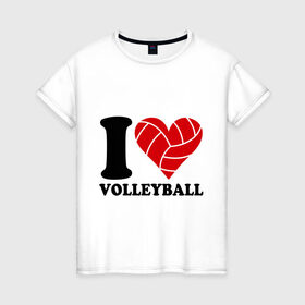 Женская футболка хлопок с принтом I love volleyball - Я люблю волейбол в Белгороде, 100% хлопок | прямой крой, круглый вырез горловины, длина до линии бедер, слегка спущенное плечо | Тематика изображения на принте: волейбол